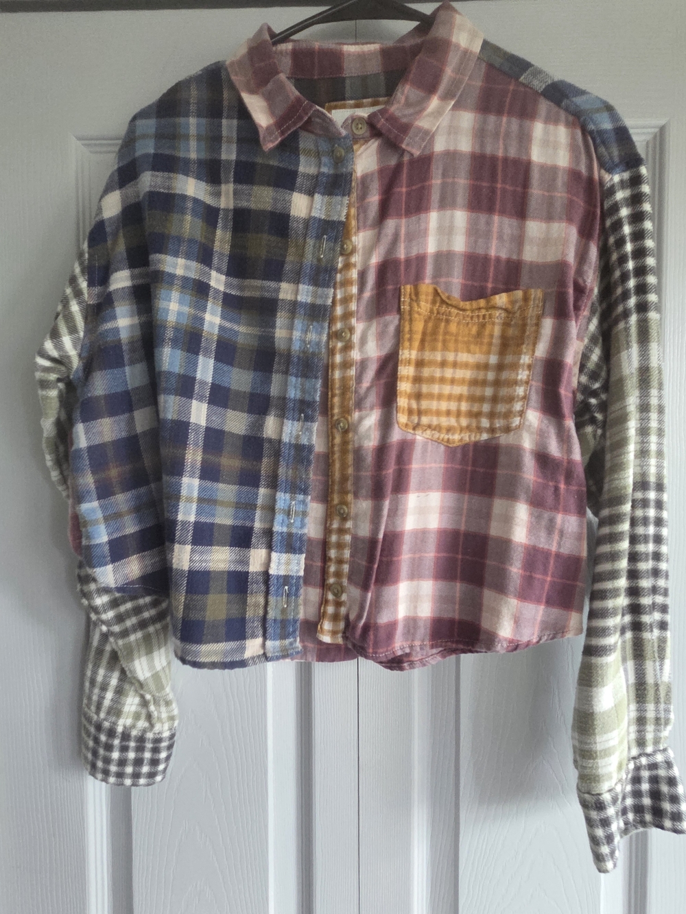 American Eagle Outfitters Multicolor Plaid Cropped Patchwork Flannel Shirt